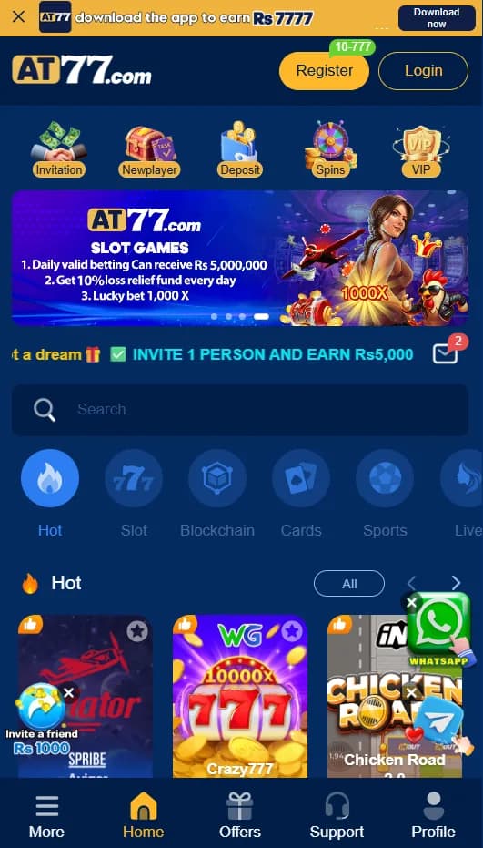 AT77 app home screen — slot games, Aviator, Plinko, live casino categories