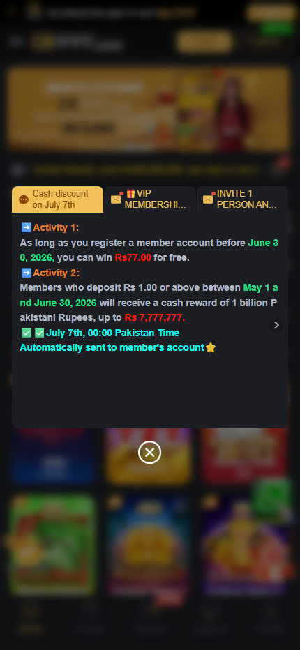 CB777 promotions popup with VIP privileges and invite rewards
