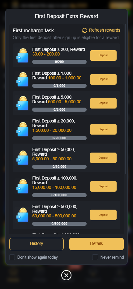 CB777 first deposit extra reward promotion popup