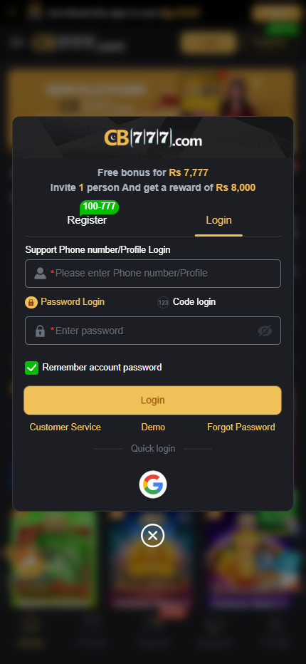 CB777 login screen with mobile number and password fields