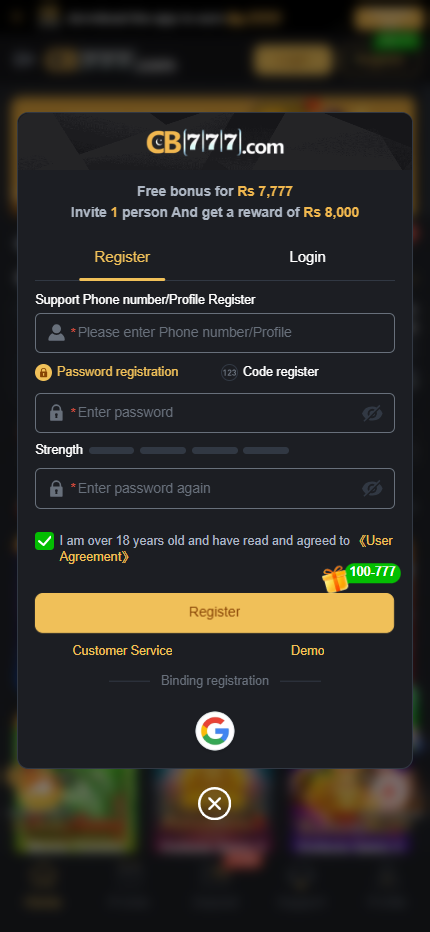 CB777 registration form with phone number, password strength meter and Rs 7777 free bonus