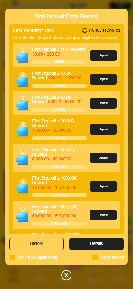 CX777 first deposit extra reward promotion popup