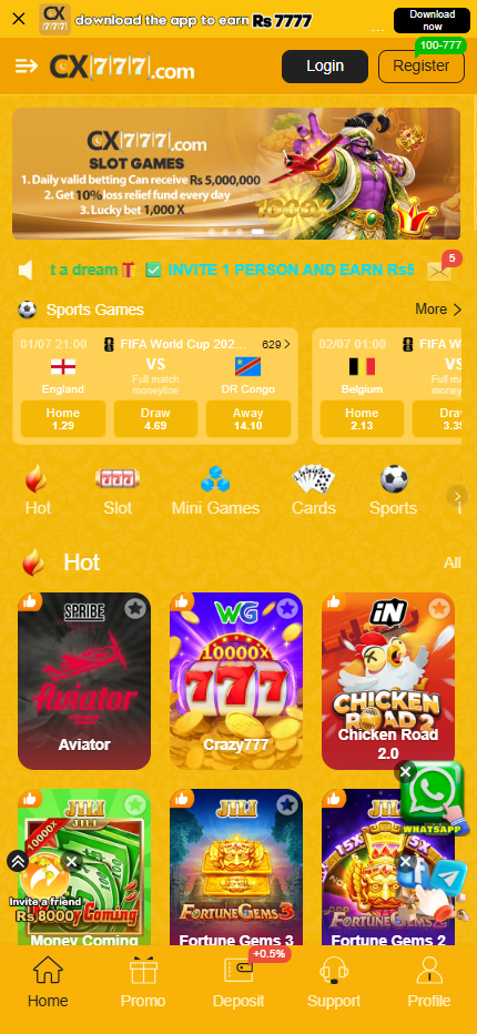 CX777 gold home lobby with slot games banner, Rs 5,000,000 daily reward and Aviator, Crazy777 games