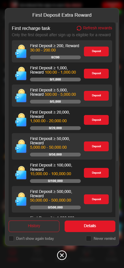 E98 first deposit extra reward promotion popup