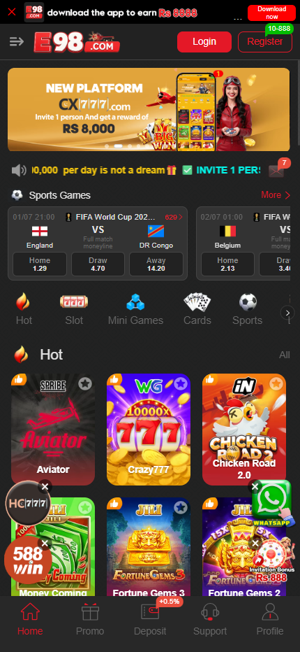 E98 games grid with Aviator, Crazy777, Chicken Road 2.0, Money Coming and Fortune Gems