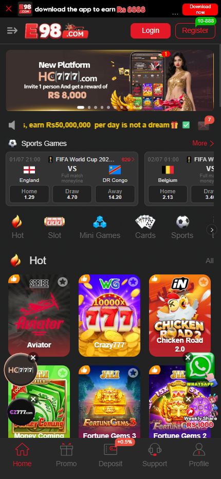 E98 red home lobby with Rs 8888 download bonus and Aviator, Crazy777, Chicken Road 2.0 games