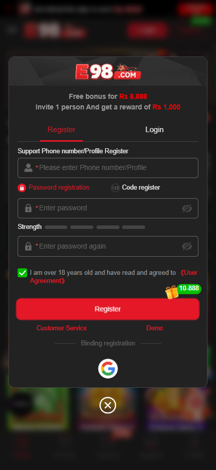 E98 registration form with phone number, password strength meter and welcome bonus