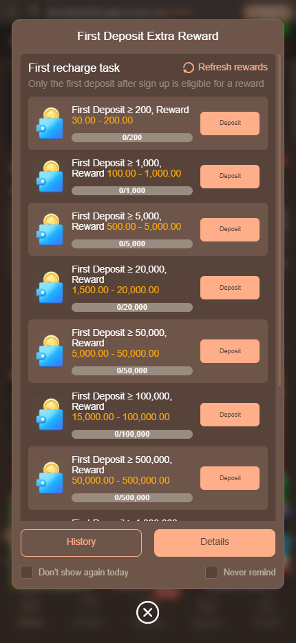 HC777 first deposit extra reward promotion popup