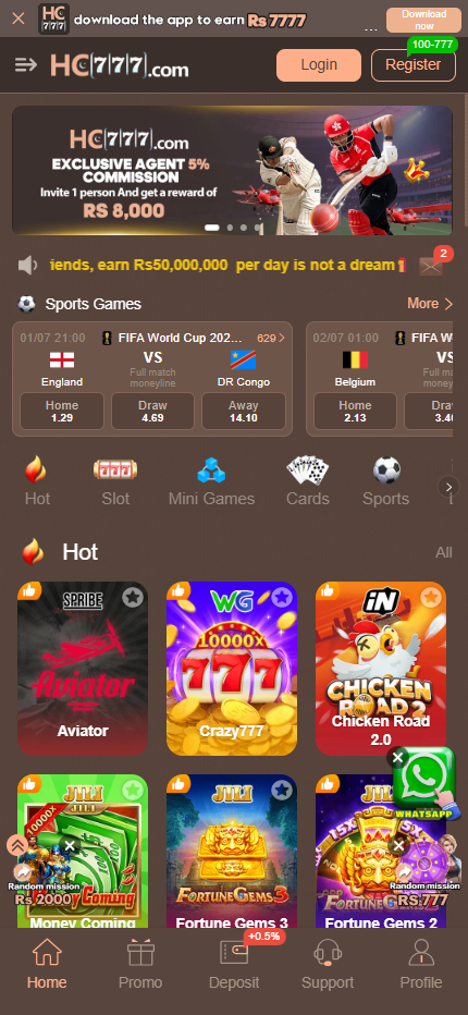 HC777 games grid with Aviator, Crazy777, Chicken Road 2.0, Money Coming and Fortune Gems