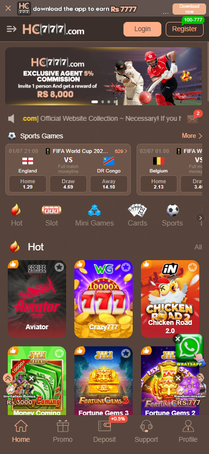 HC777 home lobby showing Rs 7777 download bonus, Aviator, Crazy777 and Chicken Road 2.0 games