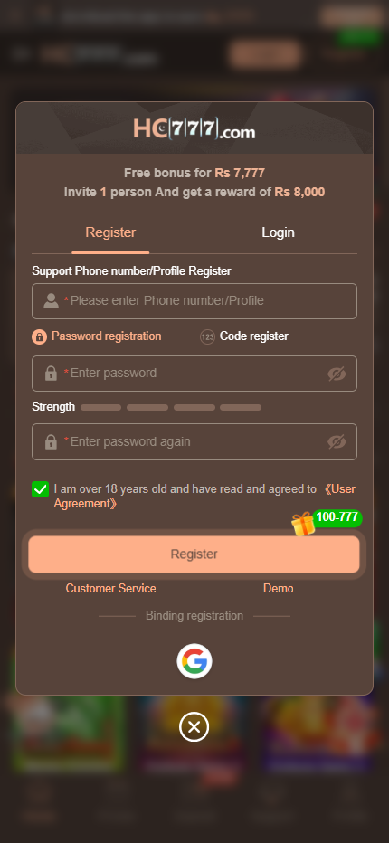 HC777 registration form with phone number, password and strength meter, Rs 7777 free bonus
